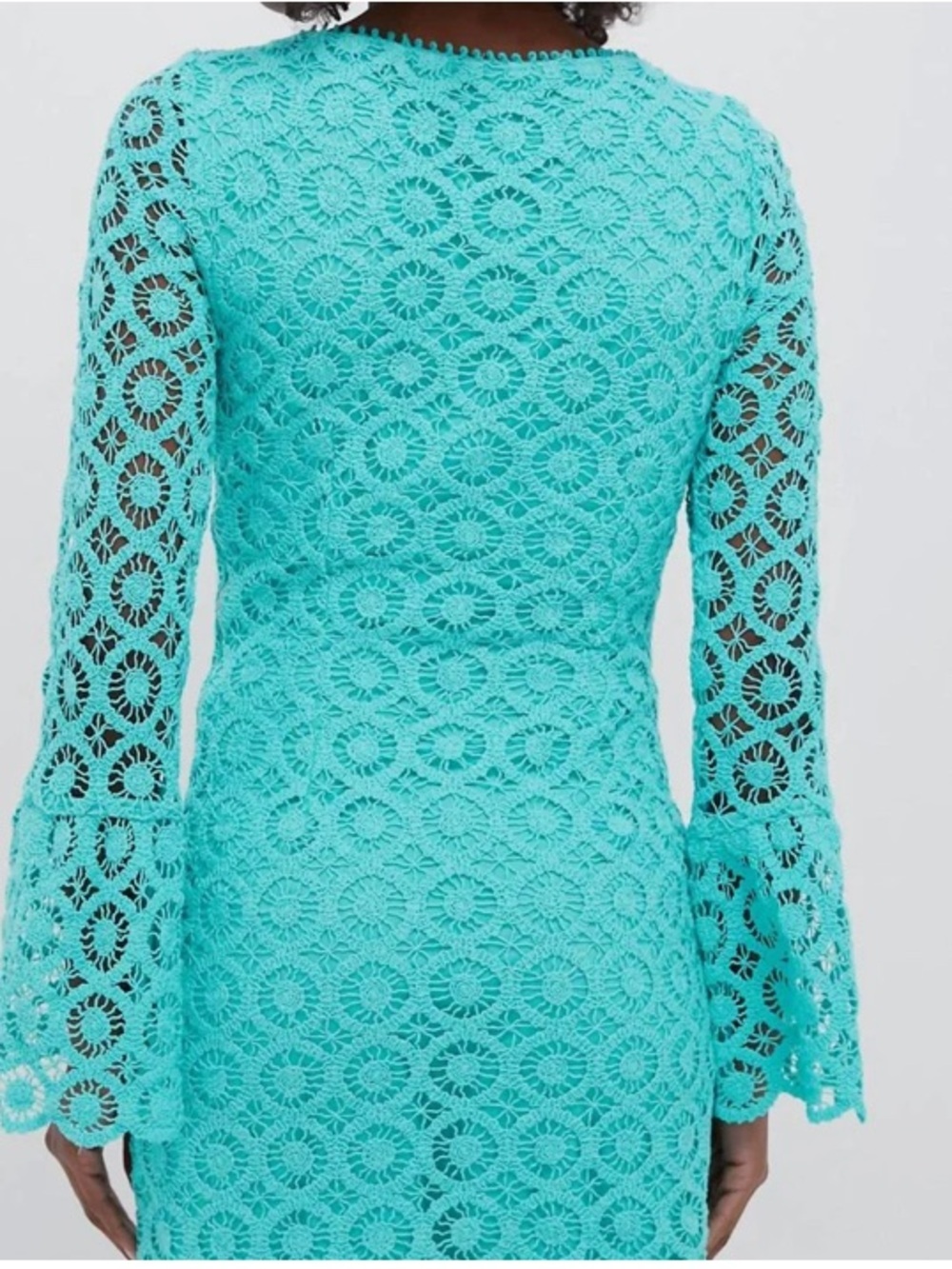 SAYLOR Teal Crochet Lace Bell-Sleeve Mini Dress - Picture 3 of 5